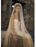 Ivory Lace Beaded Wedding Dress With Organza Cape